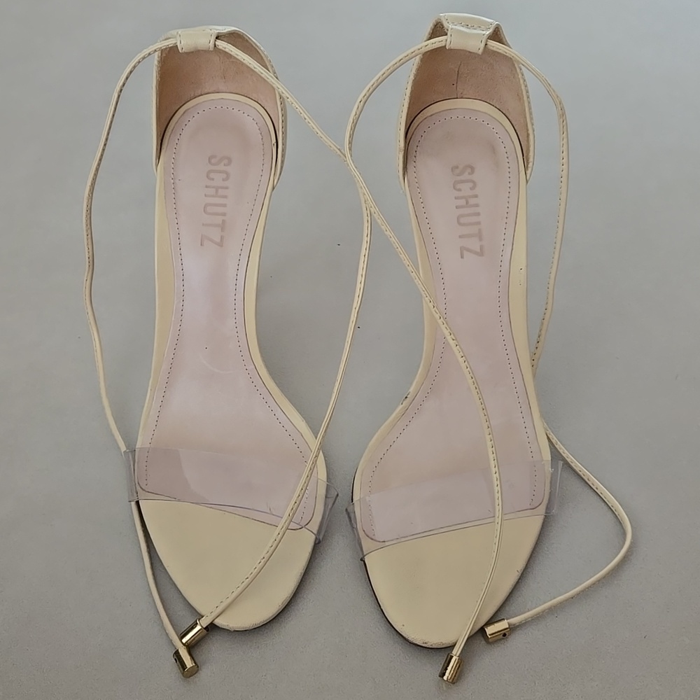 New SCHUTZ Nude Lace-Up Clear Strap Heeled Sandals Size 8